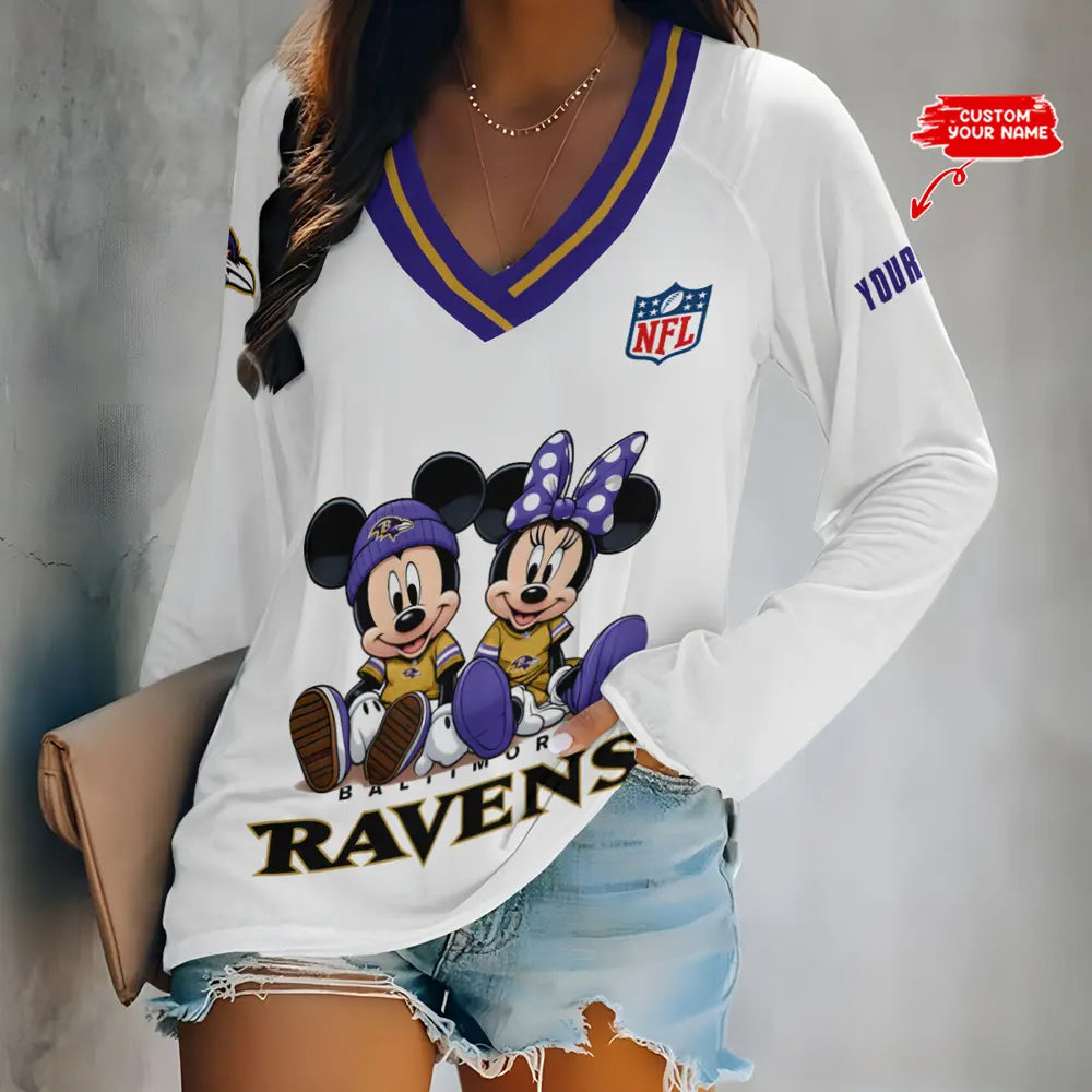Baltimore Ravens Women Loose V-Neck Long Sleeve Shirt AZBTLVLS000012