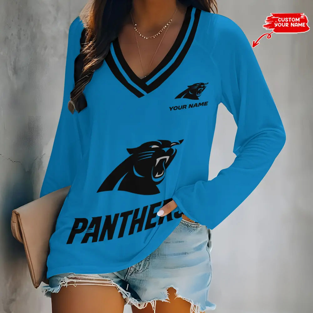 Carolina Panthers Women Loose V-Neck Long Sleeve Shirt AZBTLVLS000019