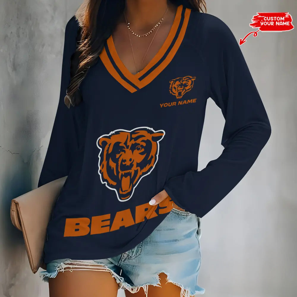 Chicago Bears Women Loose V-Neck Long Sleeve Shirt AZBTLVLS000023
