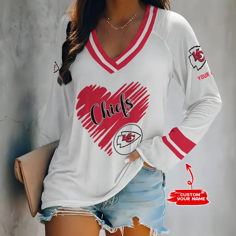 Kansas City Chiefs Women Loose V-Neck Long Sleeve Shirt AZBTLVLS000061