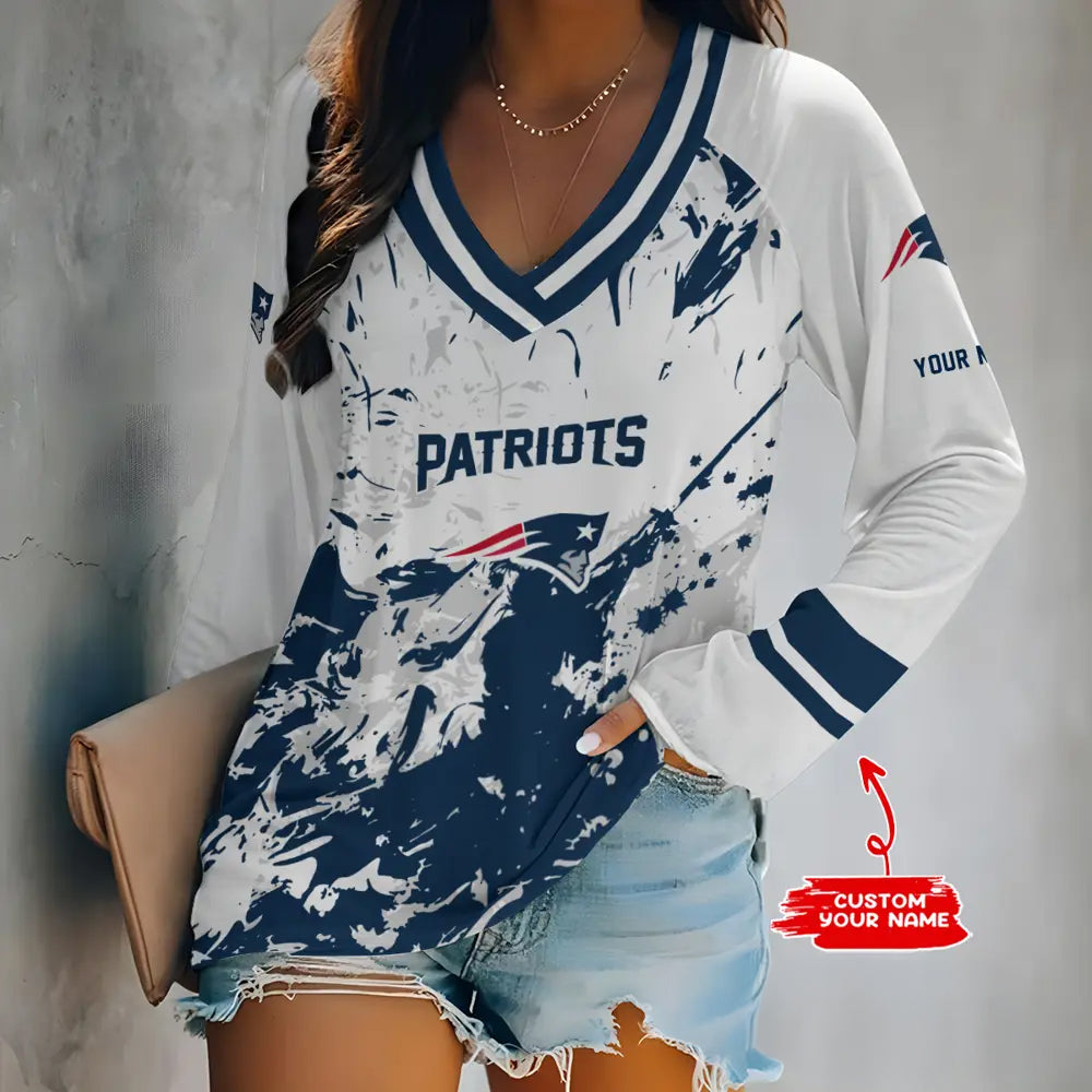 New England Patriots Women Loose V-Neck Long Sleeve Shirt AZBTLVLS000086