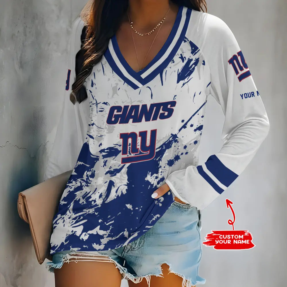 New York Giants Women Loose V-Neck Long Sleeve Shirt AZBTLVLS000094