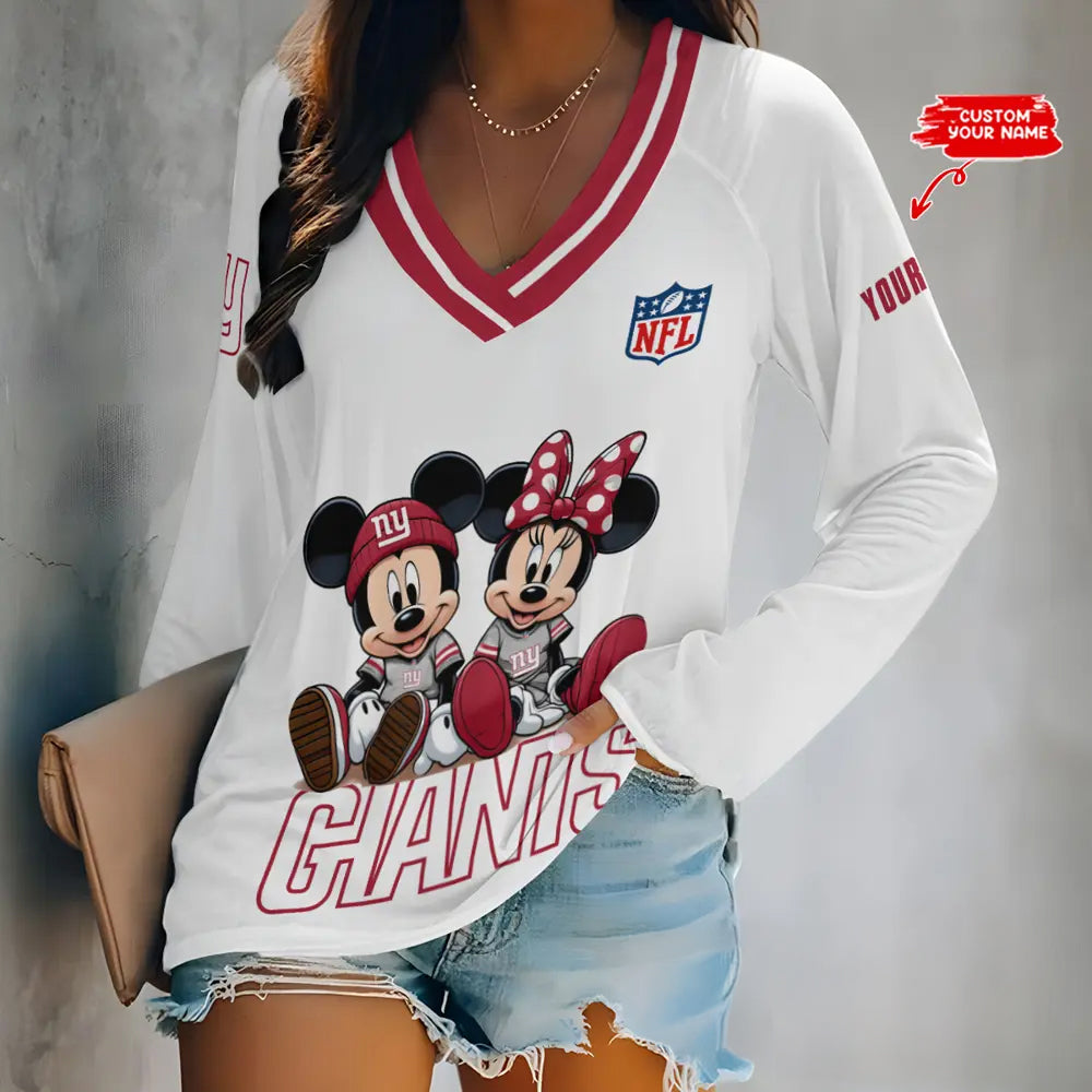New York Giants Women Loose V-Neck Long Sleeve Shirt AZBTLVLS000096