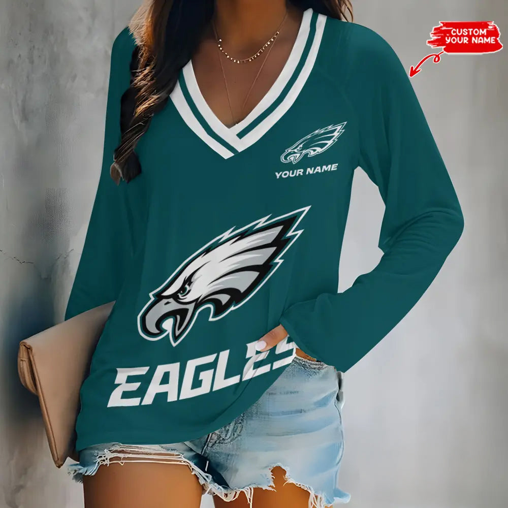 Philadelphia Eagles Women Loose V-Neck Long Sleeve Shirt AZBTLVLS000103