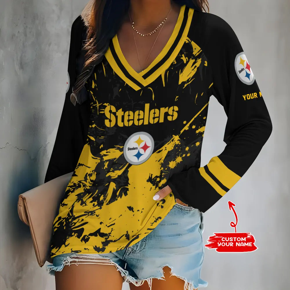 Pittsburgh Steelers Women Loose V-Neck Long Sleeve Shirt AZBTLVLS000107