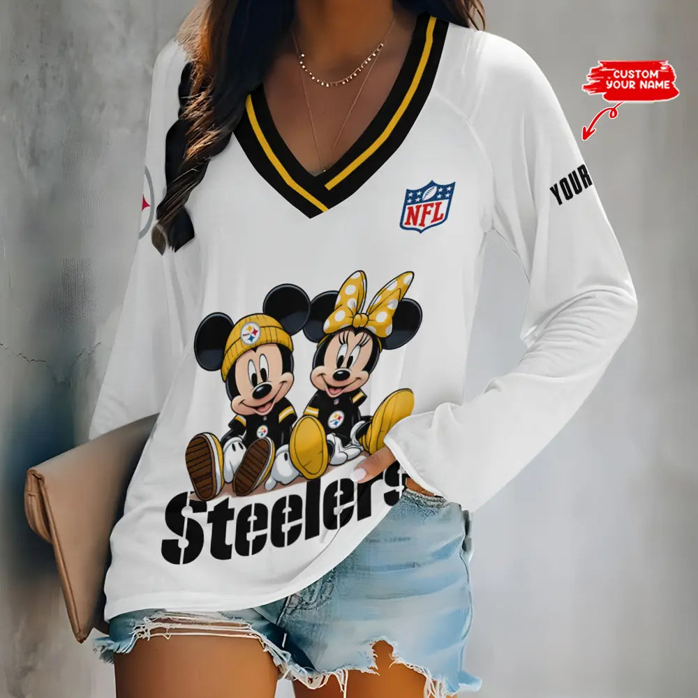 Pittsburgh Steelers Women Loose V-Neck Long Sleeve Shirt AZBTLVLS000108