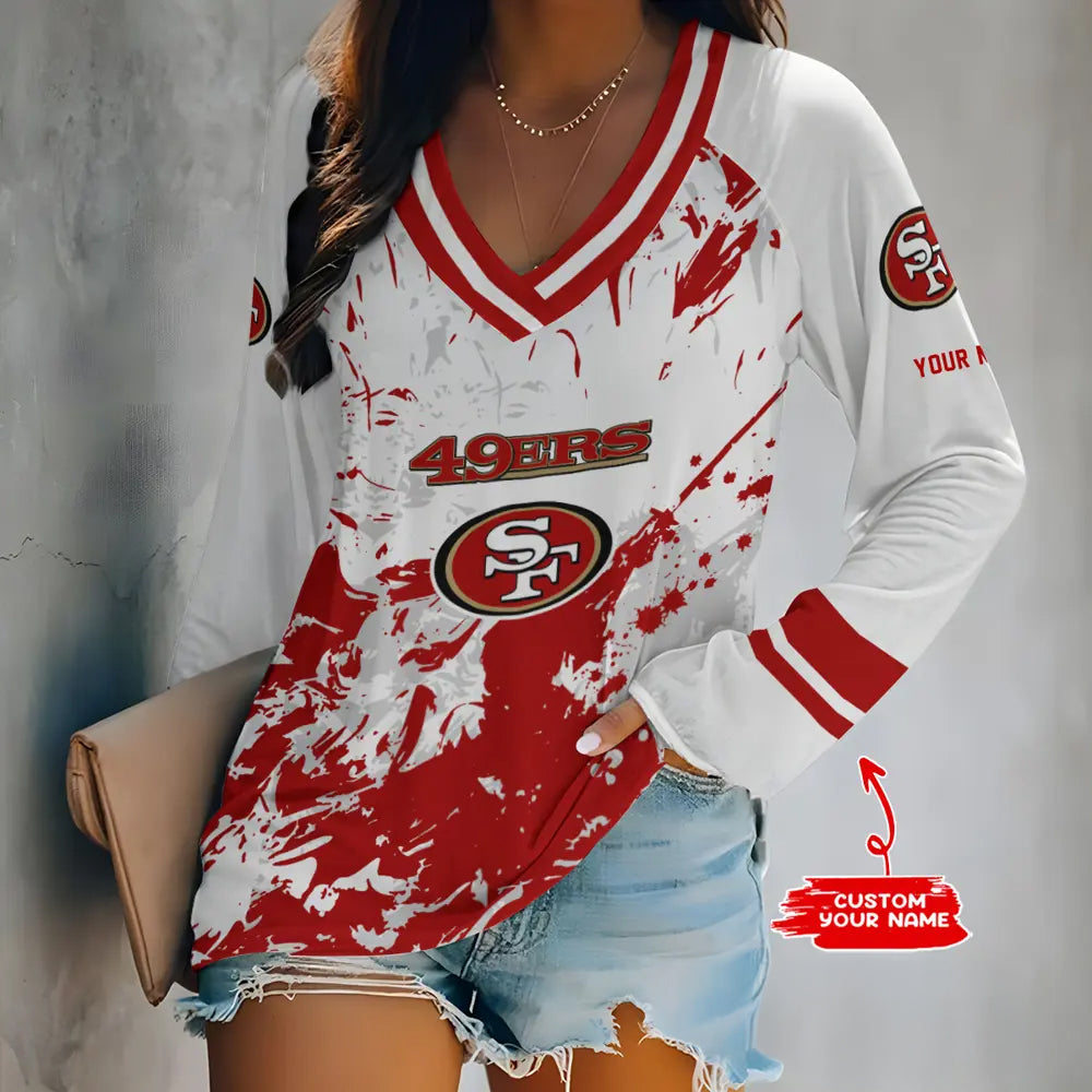 San Francisco 49ers Women Loose V-Neck Long Sleeve Shirt AZBTLVLS000110