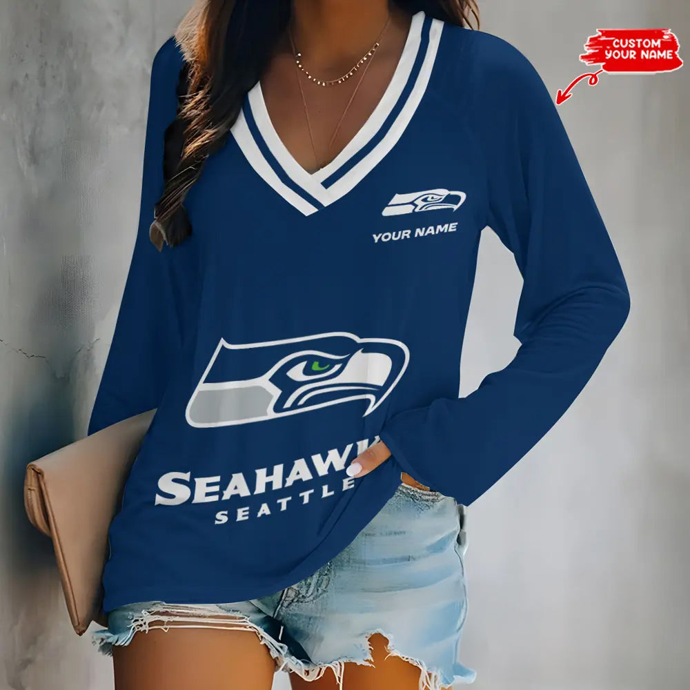 Seattle Seahawks Women Loose V-Neck Long Sleeve Shirt AZBTLVLS000115