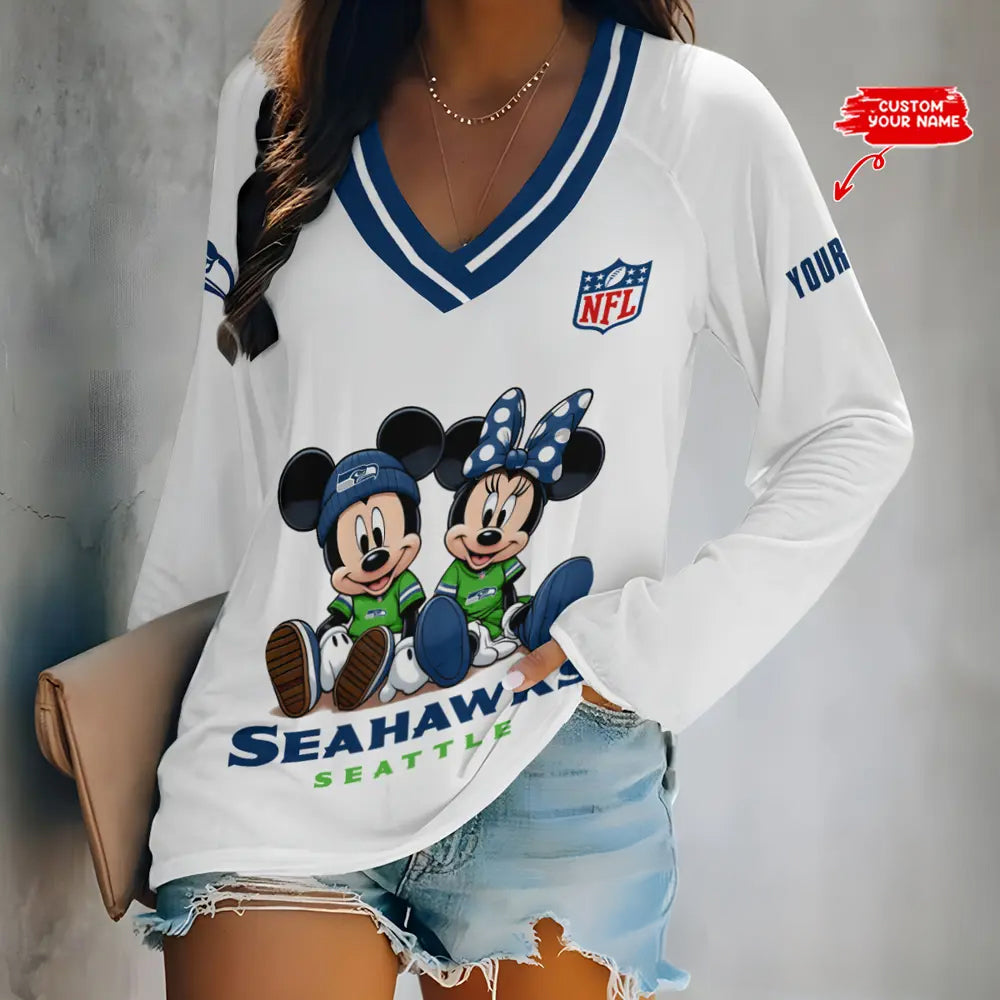 Seattle Seahawks Women Loose V-Neck Long Sleeve Shirt AZBTLVLS000116