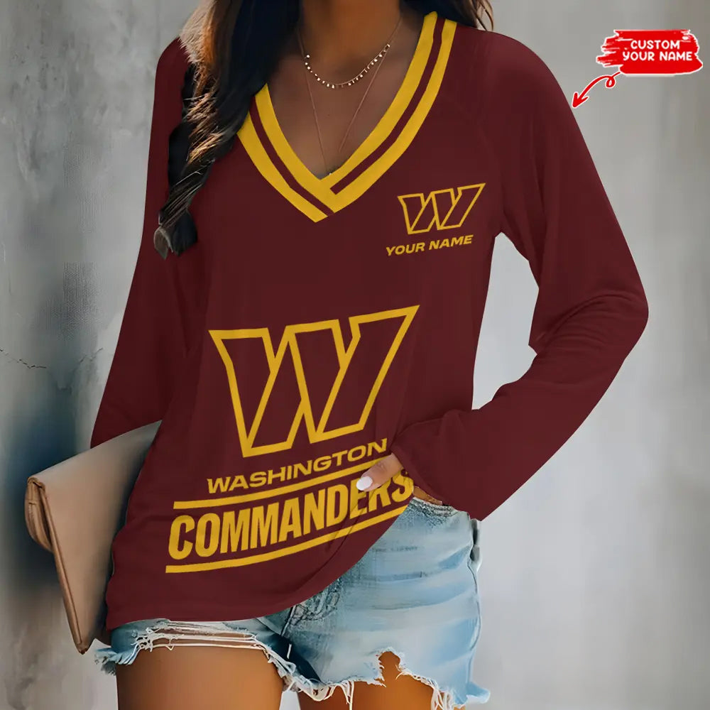 Washington Commanders Women Loose V-Neck Long Sleeve Shirt AZBTLVLS000127