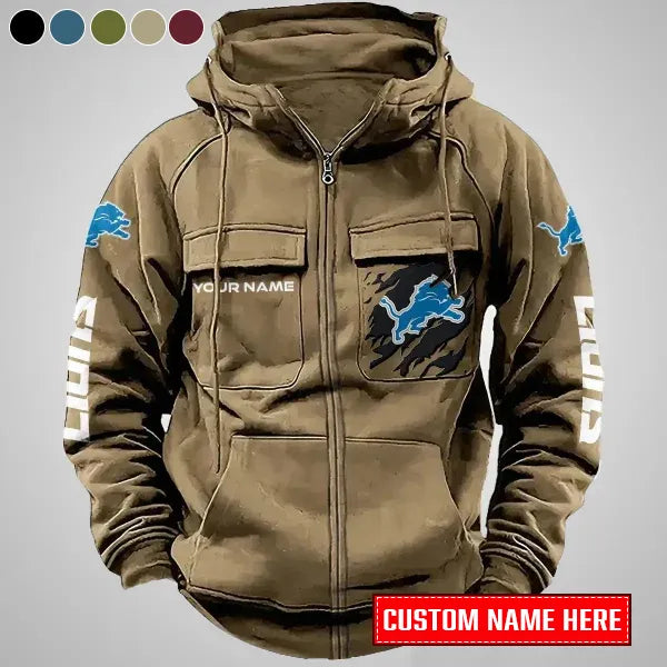 Detroit Lions New Personalized Multi-Pockets Zip-Up Hoodie AZBTMZUHD000002