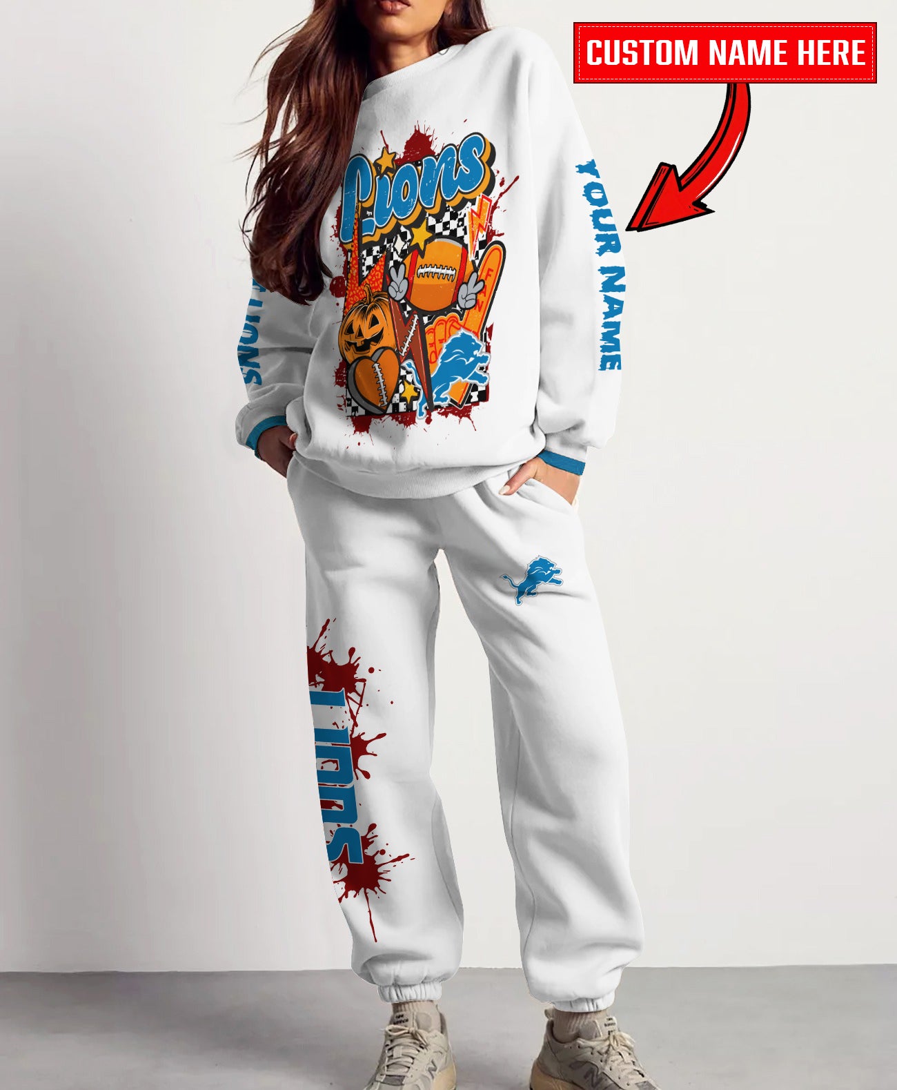 Detroit Lions Halloween Collection Unisex Sweatshirt And Sweatpants Set AZCASP000006White