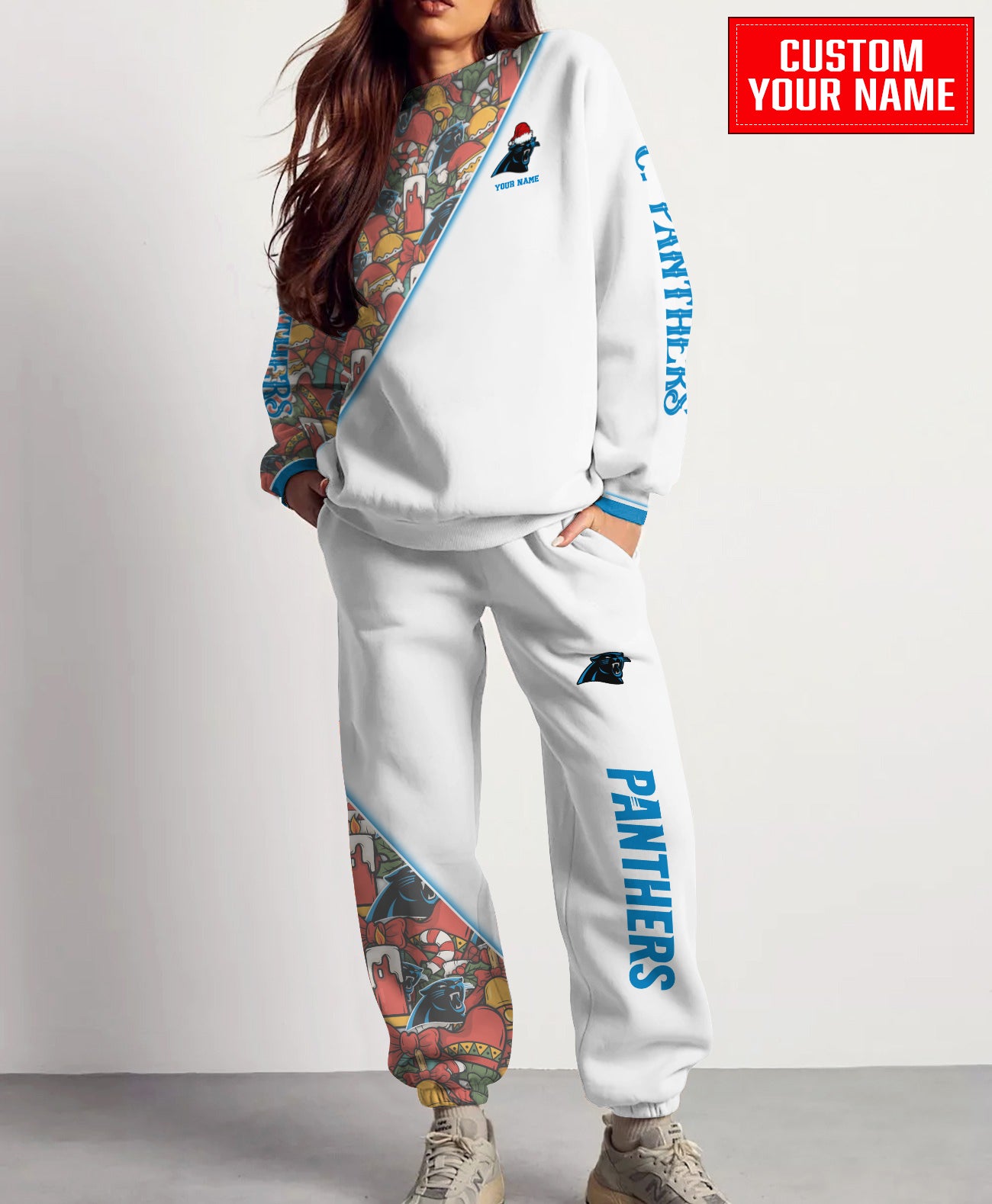 Carolina Panthers Christmas Pattern Unisex Combo Sweatshirt And Sweatpants AZCASP000067White