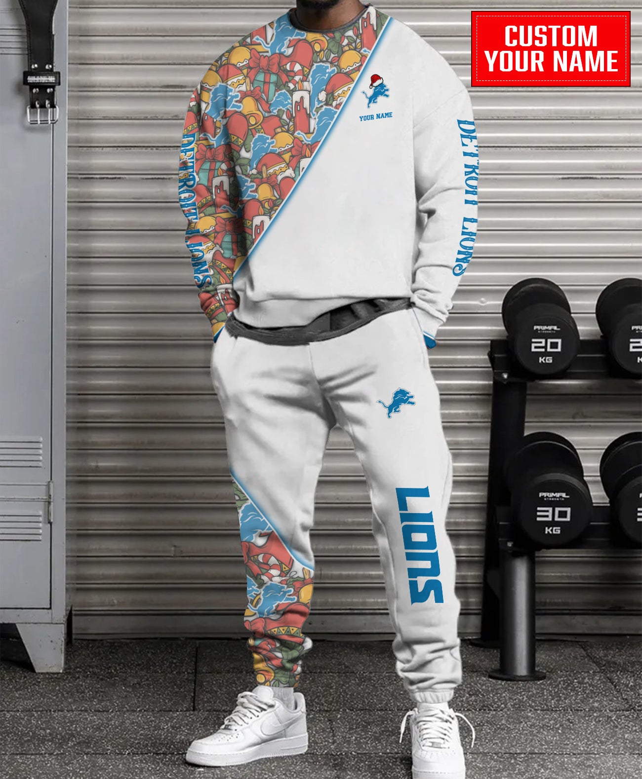 Detroit Lions Christmas Pattern Unisex Combo Sweatshirt And Sweatpants AZCASP000070White