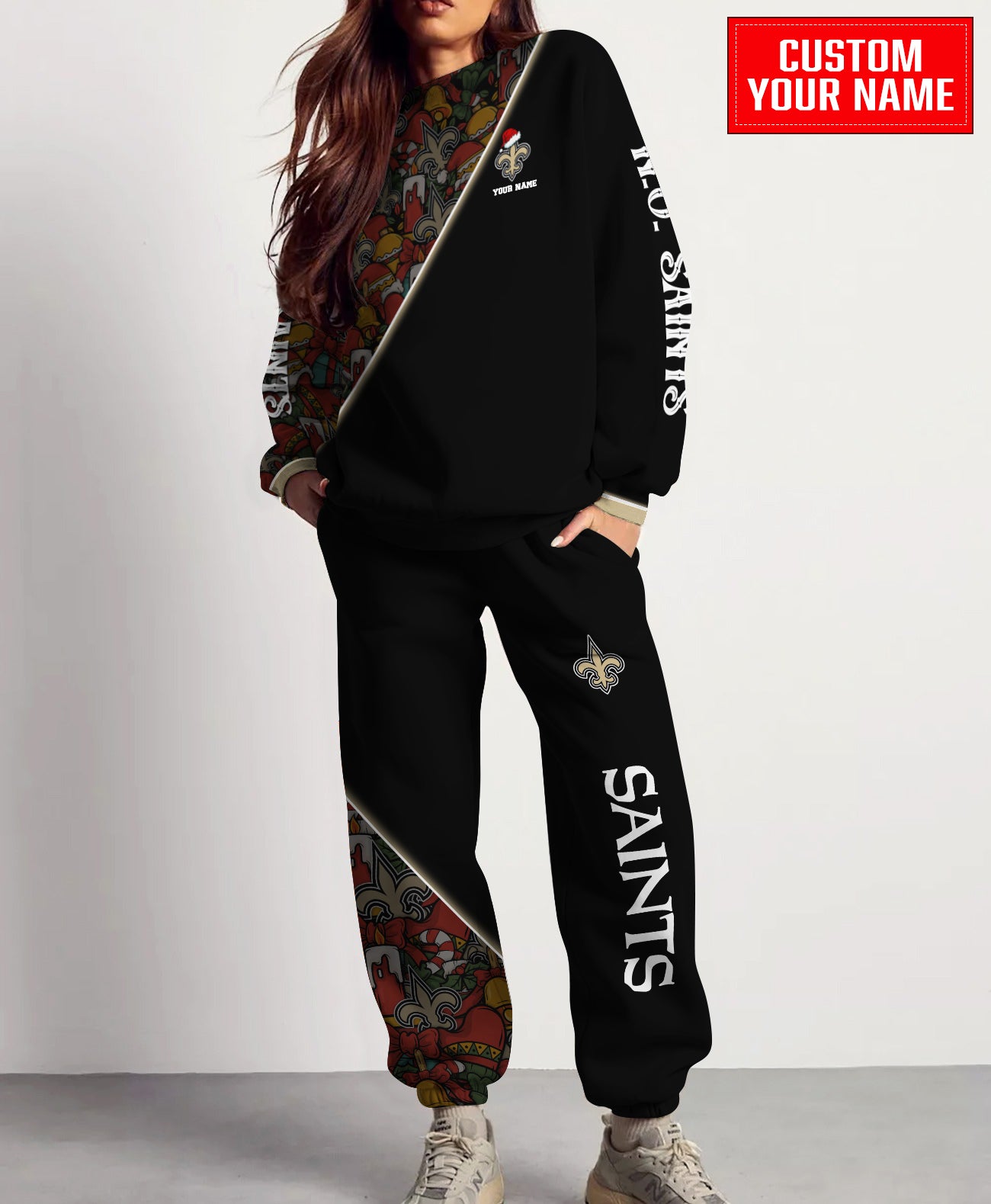 New Orleans Saints Christmas Pattern Unisex Combo Sweatshirt And Sweatpants AZCASP000074Black