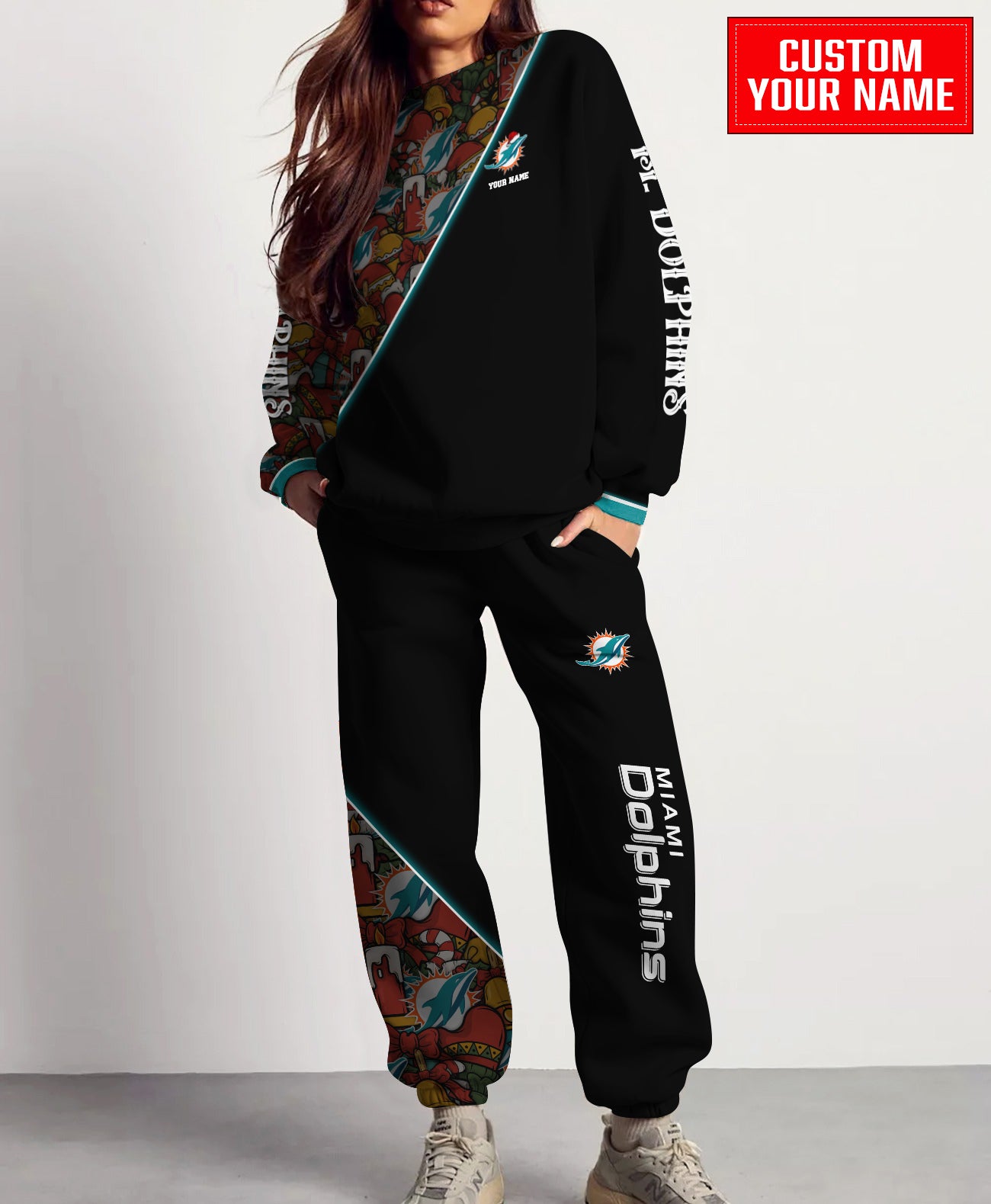 Miami Dolphins Christmas Pattern Unisex Combo Sweatshirt And Sweatpants AZCASP000092Black