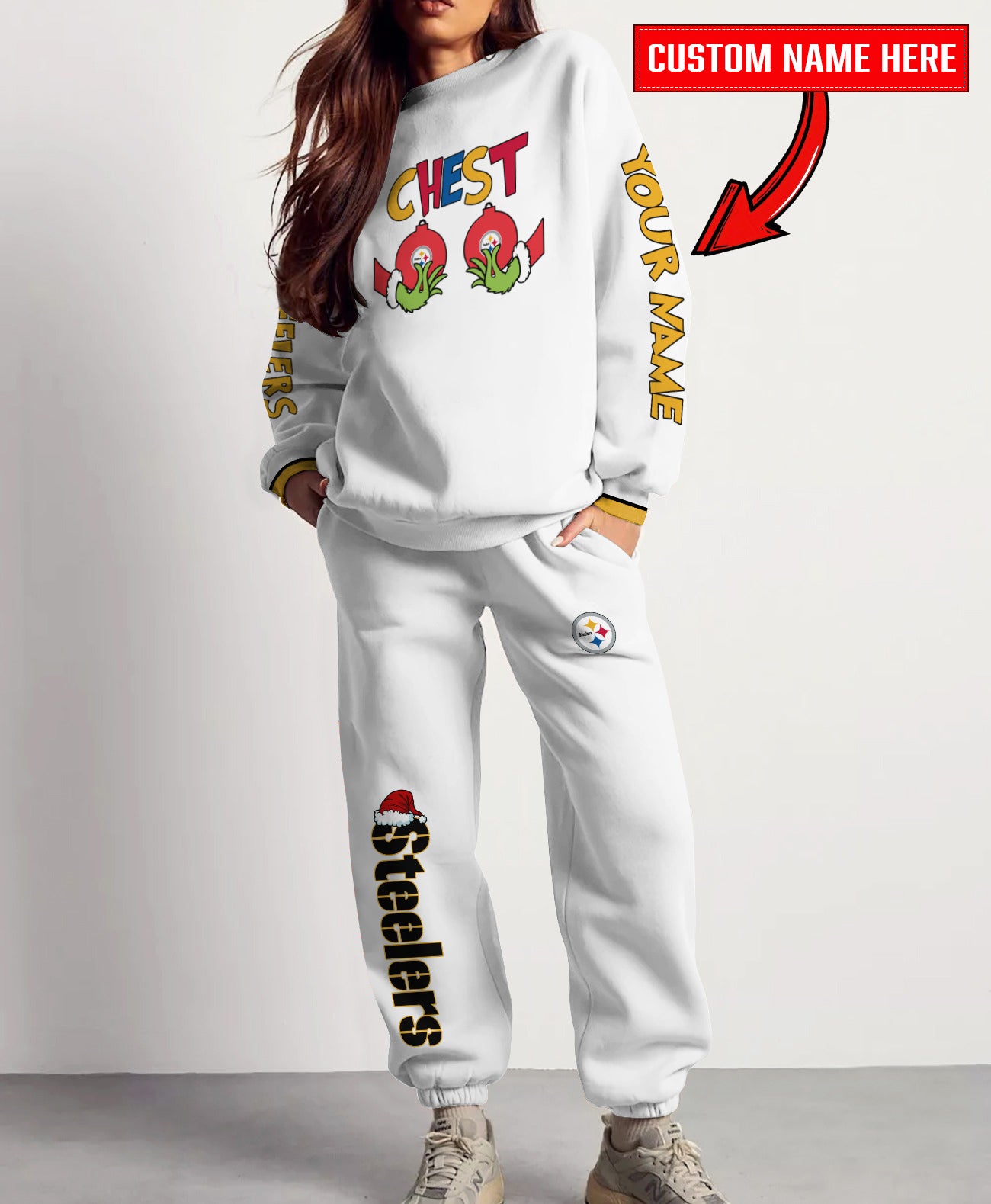 Pittsburgh Steelers Chest – Nuts Combo Sweatshirt And Sweatpants Christmas Collection AZCASP000159White