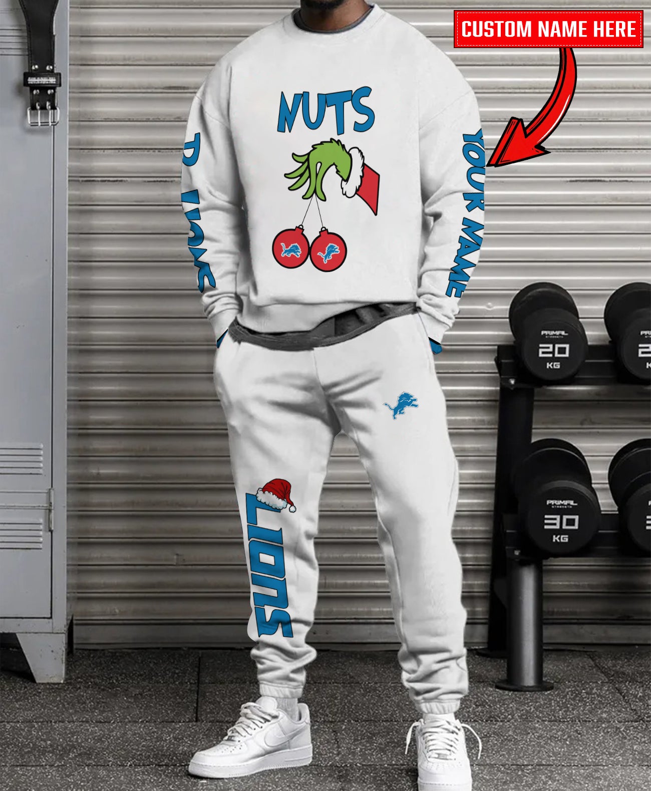 Detroit Lions Chest – Nuts Combo Sweatshirt And Sweatpants Christmas Collection AZCASP000166White