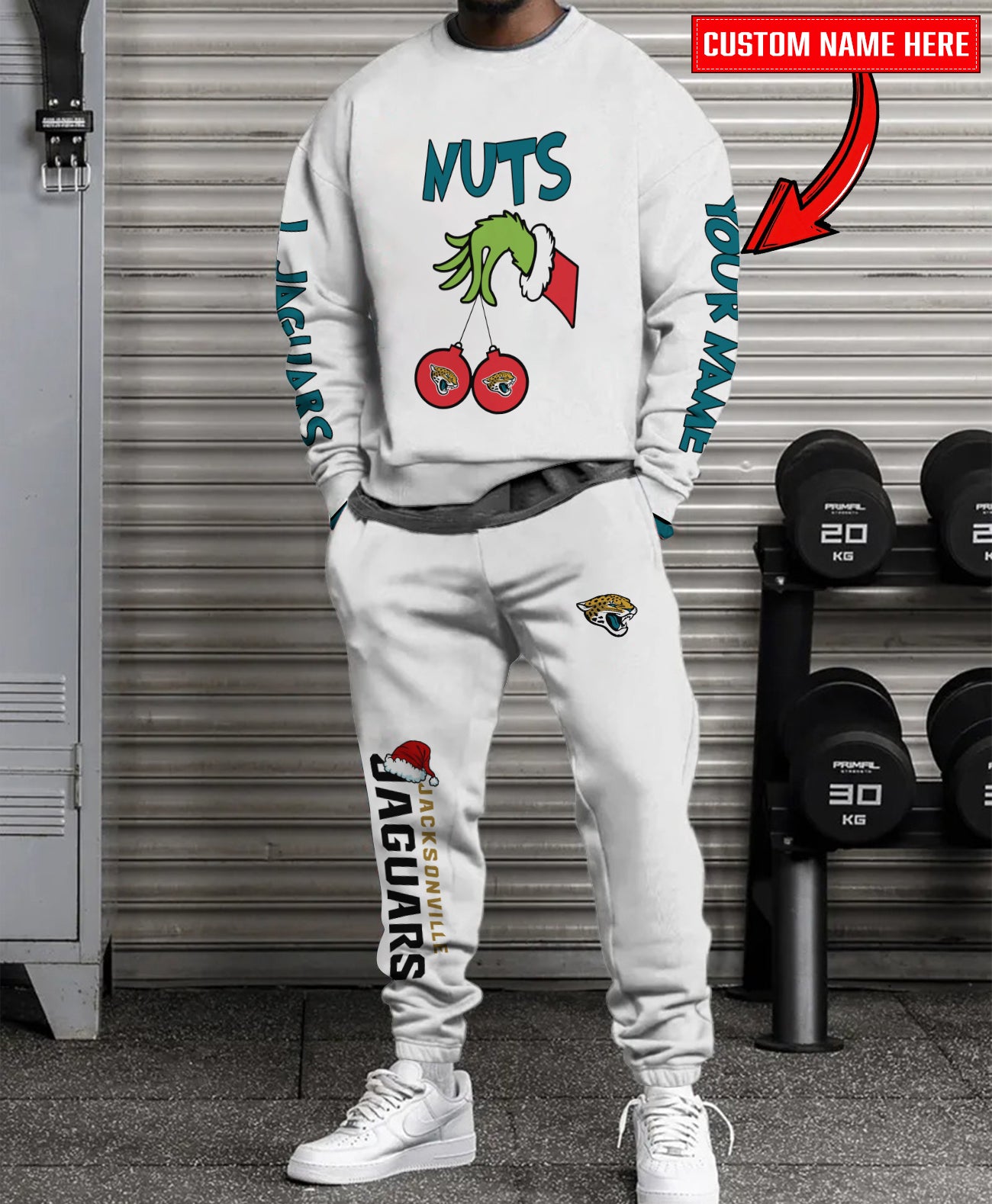 Jacksonville Jaguars Chest – Nuts Combo Sweatshirt And Sweatpants Christmas Collection AZCASP000184White