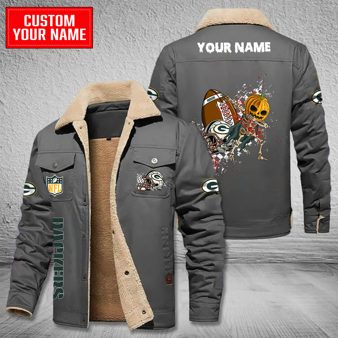 Green Bay Packers Halloween Pumpkin Collection Winter Fleece Bomber Jacket AZCAWFBJ000007