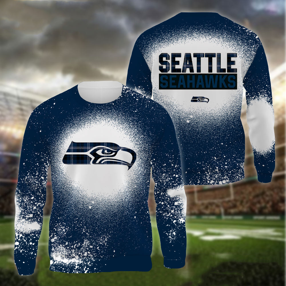 Seattle Seahawks Plaid Bleached All Over Printed T-shirt Sweatshirt Hoodie AZCHD136