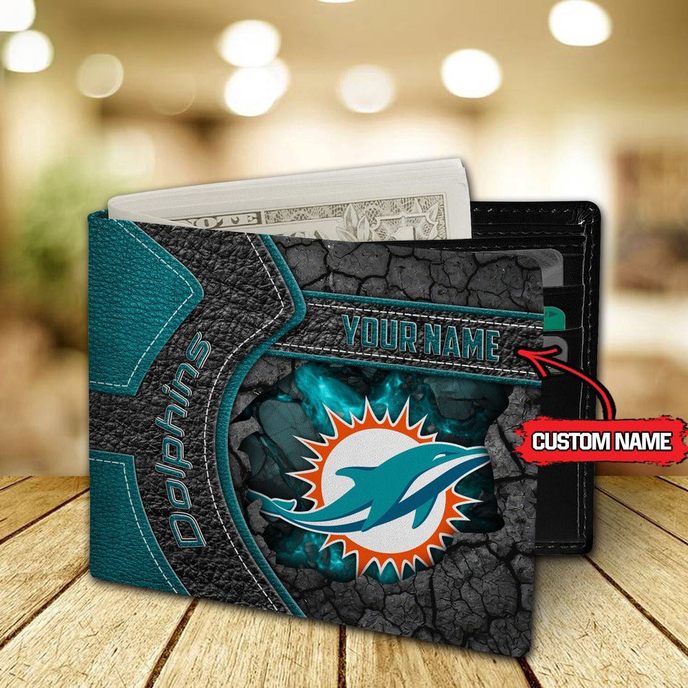 Miami Dolphins Football Custom Name Men’s Classic Leather Wallet AZHAMW000028