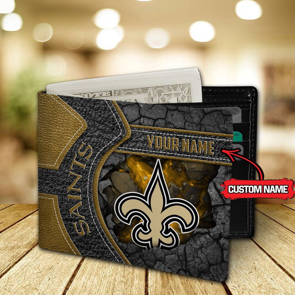 New Orleans Saints Football Custom Name Men’s Classic Leather Wallet AZHAMW000029