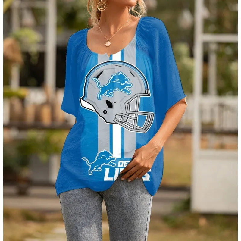Detroit Lions Personalized Logo Team Short Sleeve Women Peasant Blouse AZHASSWPB000024