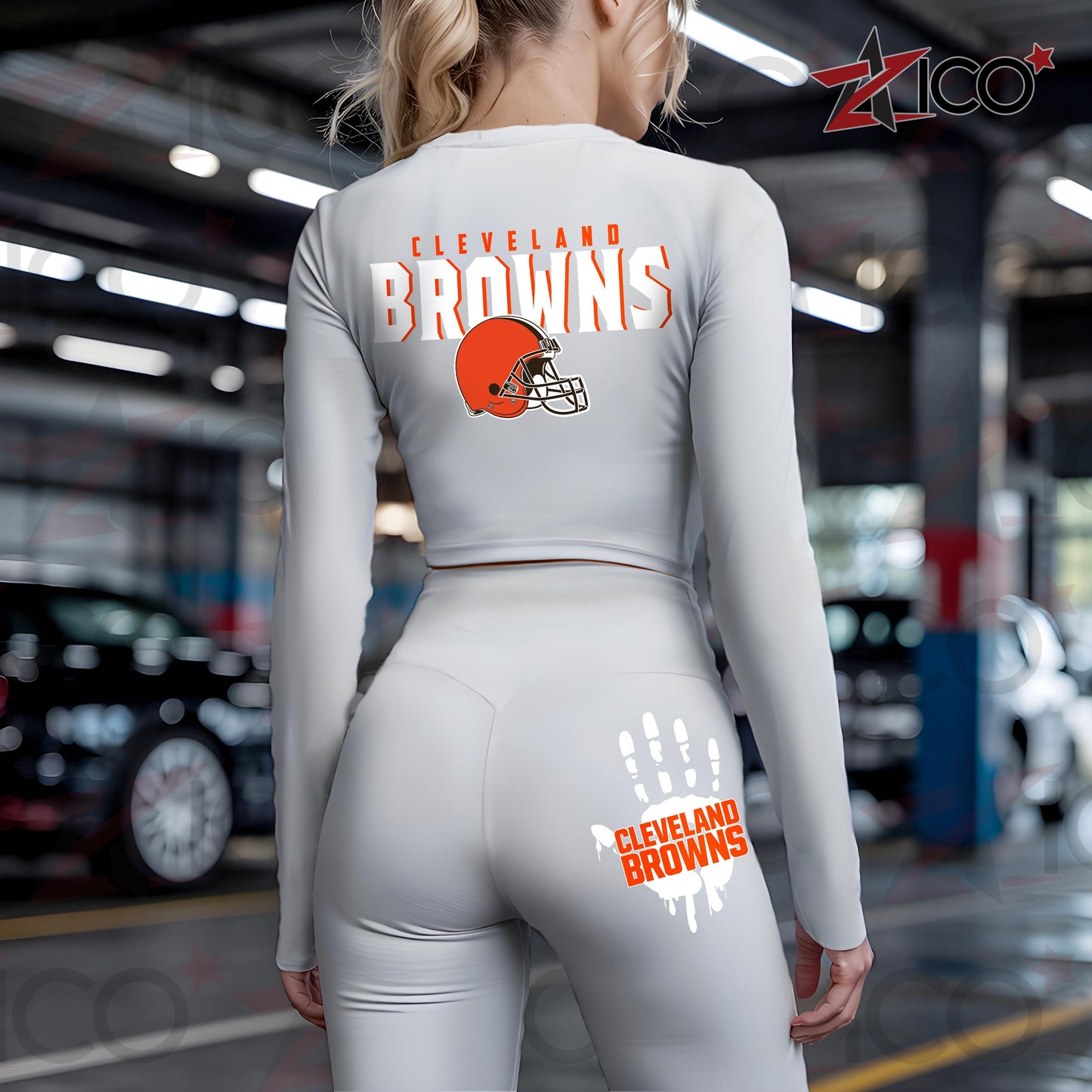 Cleveland Browns Women Workout Set Zipper Long Sleeve Sport Top and Leggings AZHG2DWS000040