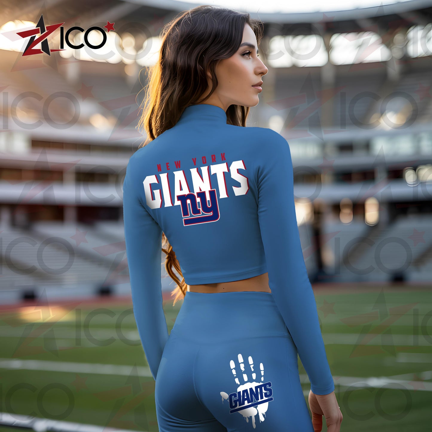 New York Giants Women Workout Set Zipper Long Sleeve Sport Top and Leggings AZHG2DWS000056