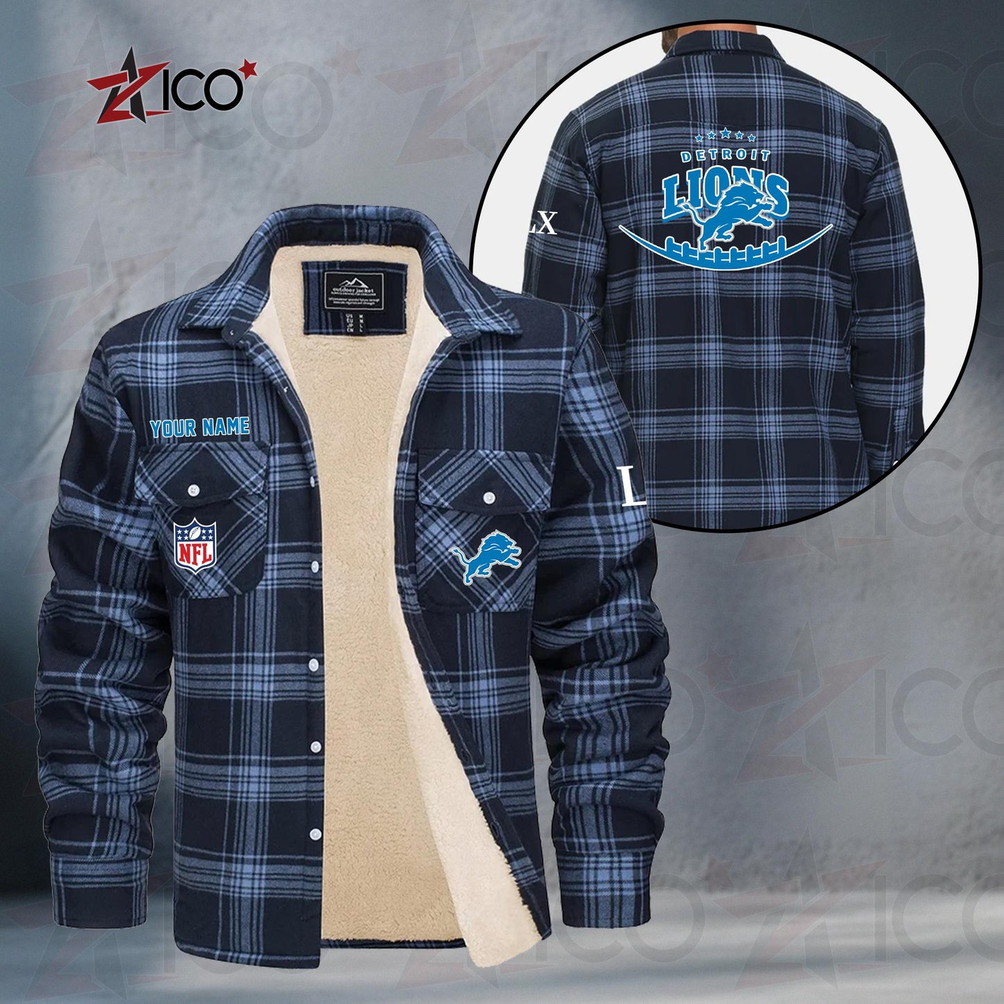 Detroit Lions Fleece Flannel Plaid Jacket MN11