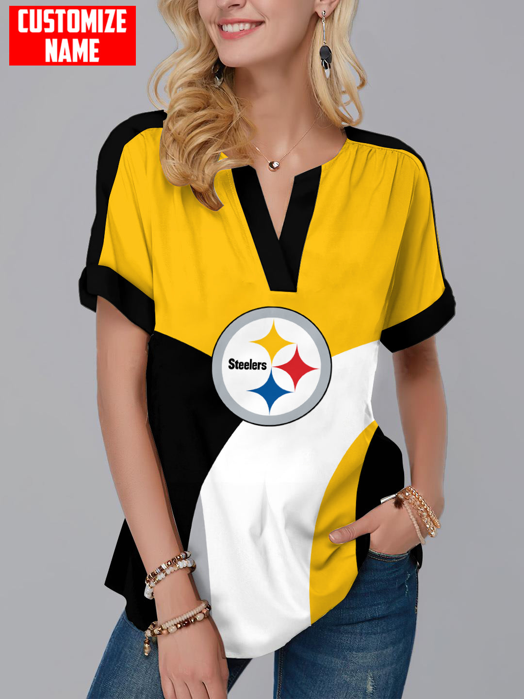 Pittsburgh Steelers Personalized Fashion Short Sleeve V-Neck Shirt AZSSV116