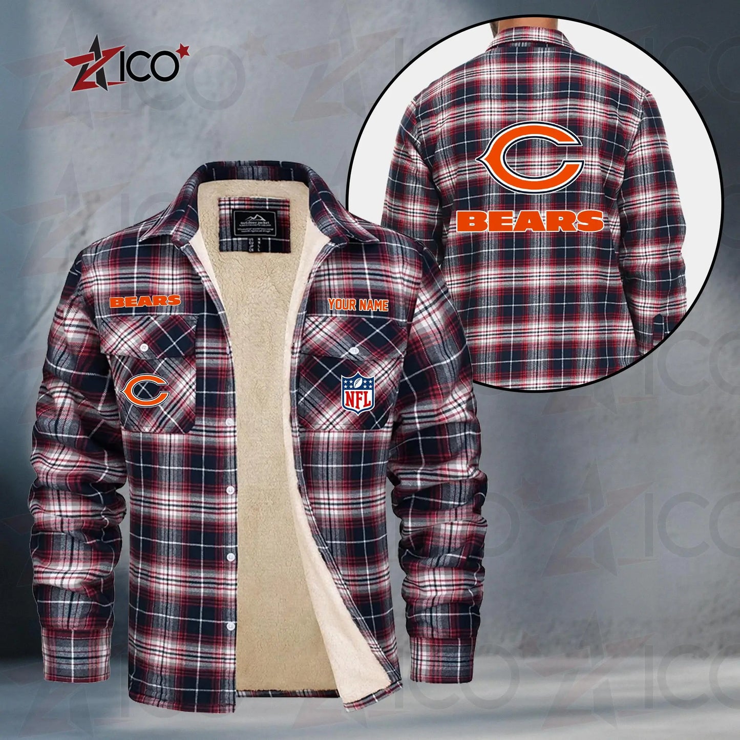 Chicago Bears Fleece Flannel Plaid Jacket TG38