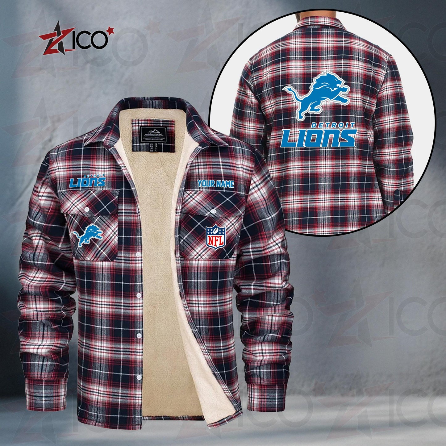 Detroit Lions Fleece Flannel Plaid Jacket TG43