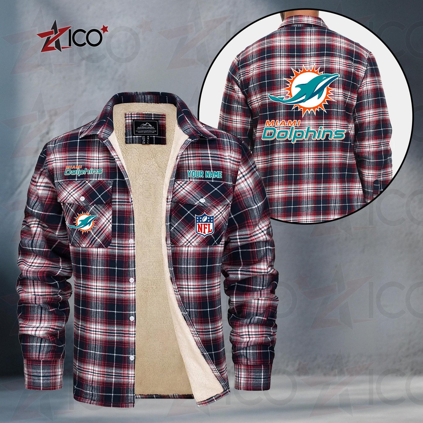 Miami Dolphins Fleece Flannel Plaid Jacket TG52