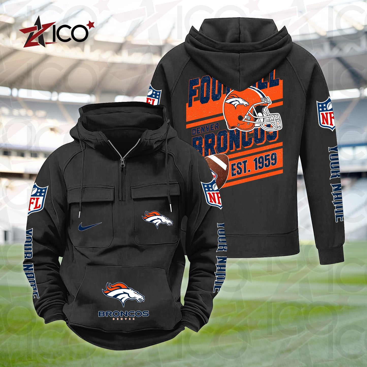 Denver Broncos Personalized Multi-Pockets Zip Hoodie New 2025 AZTGMZHD000230