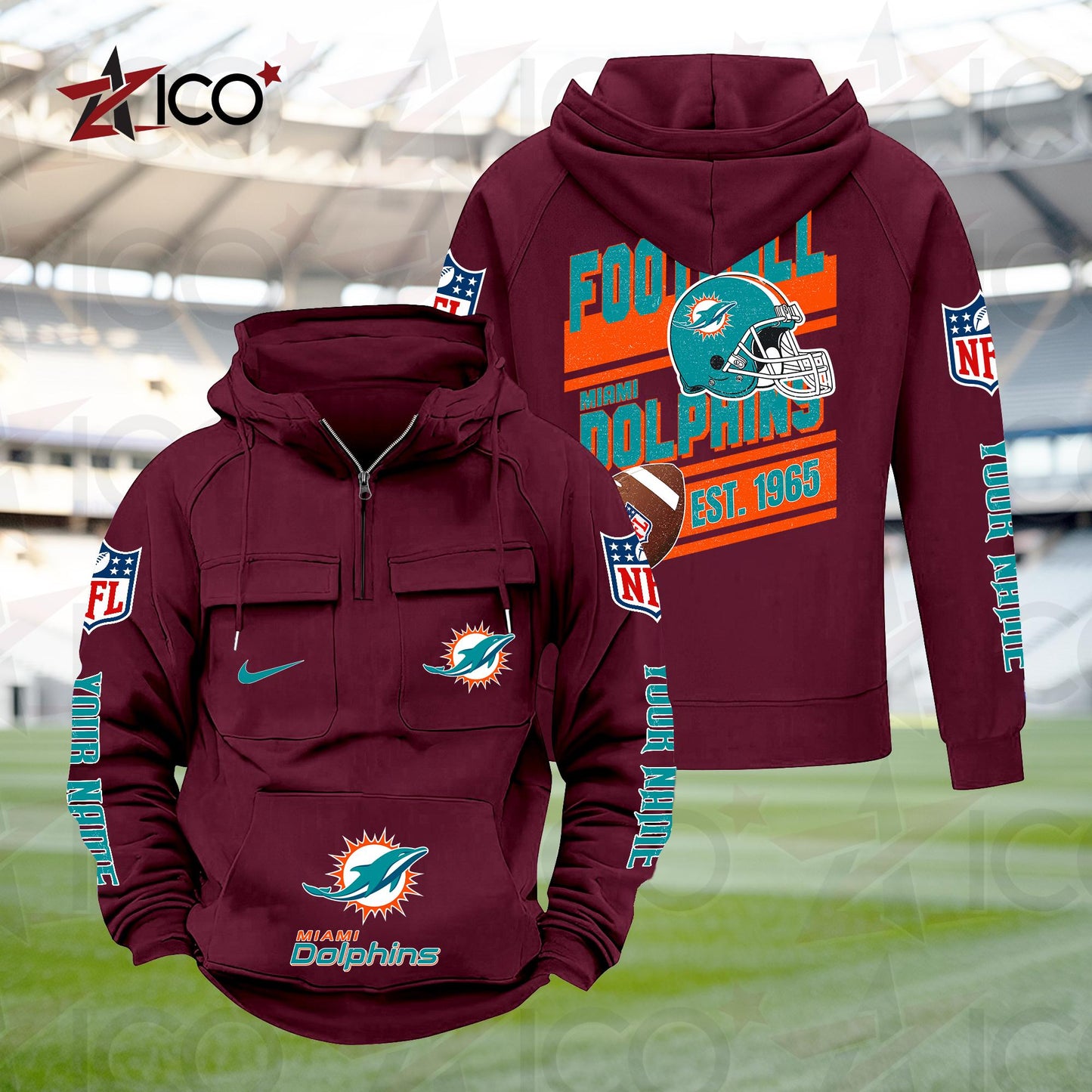 Miami Dolphins Personalized Multi-Pockets Zip Hoodie New 2025 AZTGMZHD000240