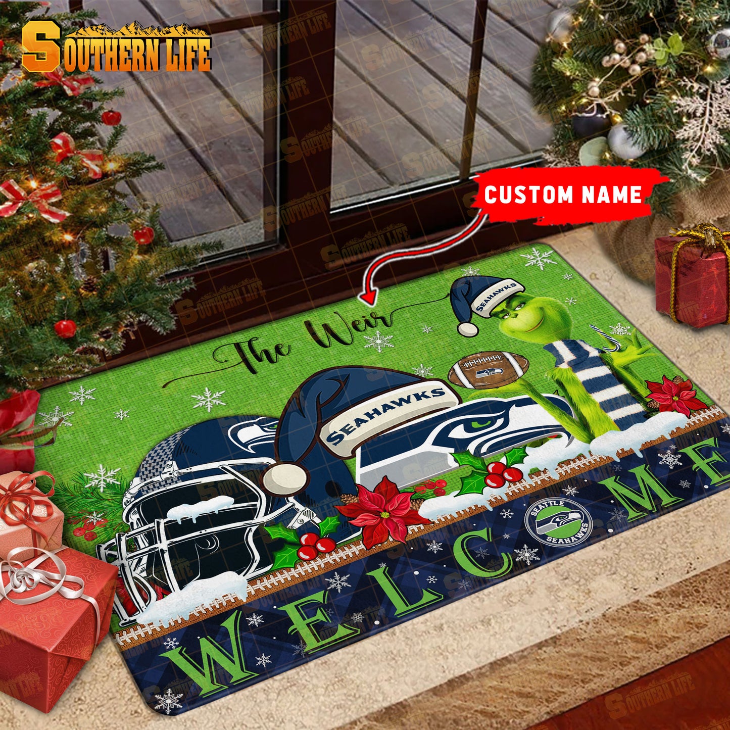Seattle Seahawks Christmas Personalized Doormat BGDMM566