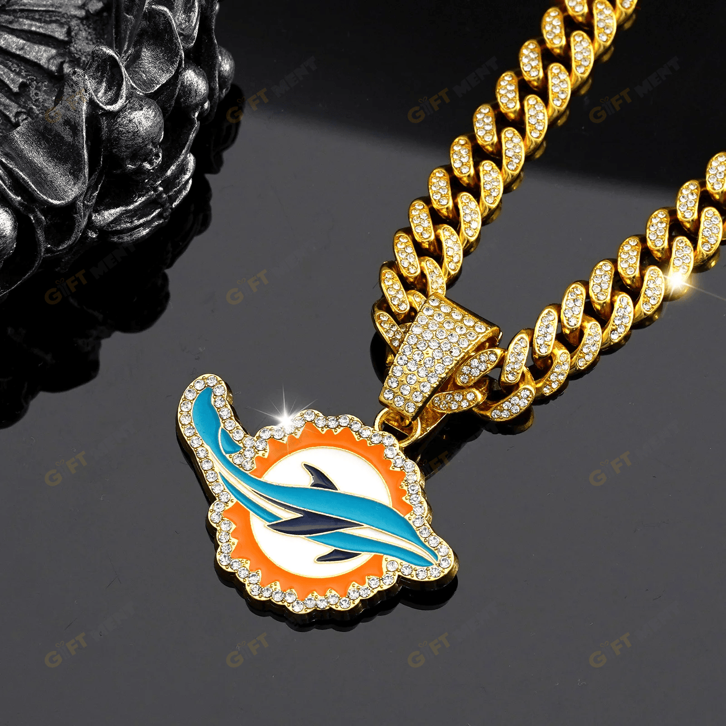 Miami Dolphins Hip Hop Iced Out Bling Pendant Cuban Chain
