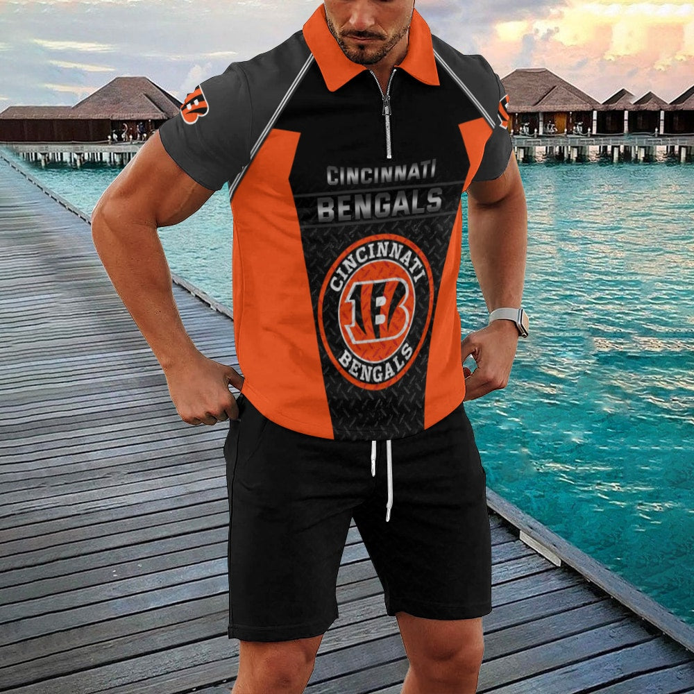 Cincinnati Bengals Zip Polo Shirt And Shorts Men GB22