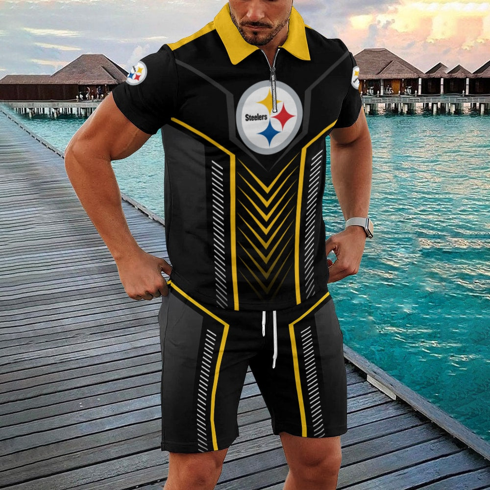 Pittsburgh Steelers Zip Polo Shirt And Shorts Men GB25