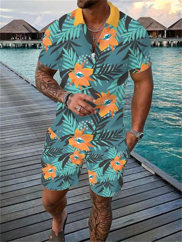 Miami Dolphins Zip Polo Shirt And Shorts Men AZPLZ146