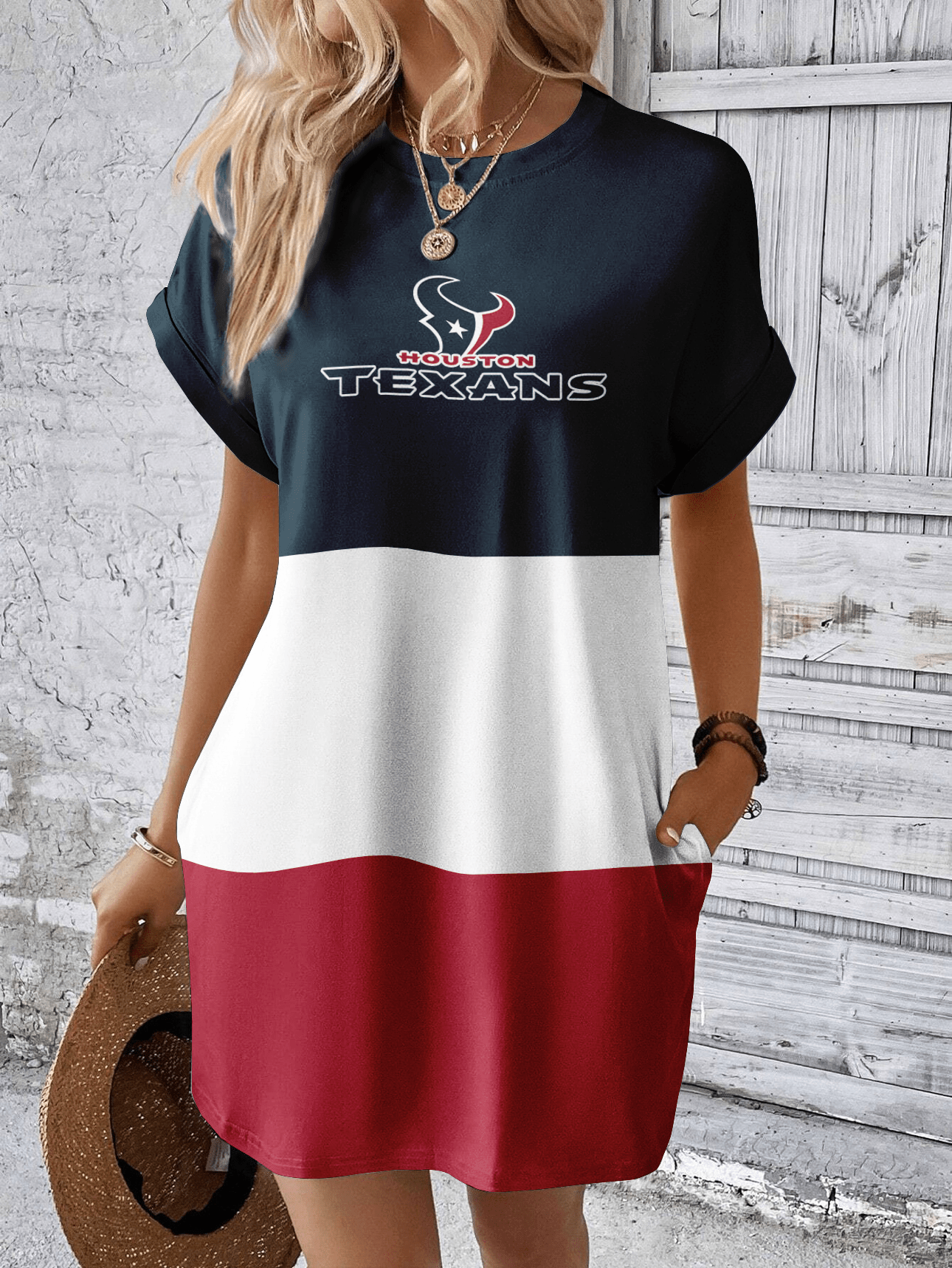 Houston Texans Women Hidden Pocket Batwing Casual Dress AZDDBWCD000042