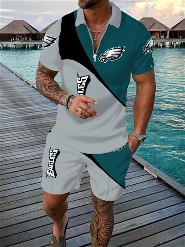 Philadelphia Eagles Zip Polo Shirt And Shorts Men AZPLZ003