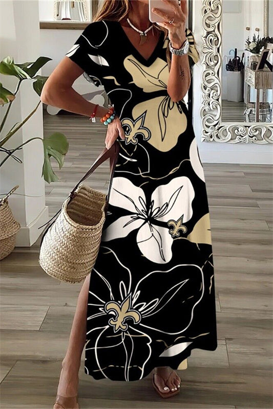 New Orleans Saints V-Neck Side Slit Long Dress AZBTVSD000013