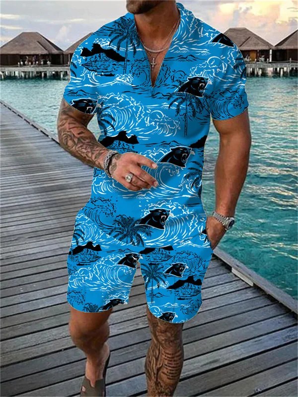 Carolina Panthers Zip Polo Shirt And Shorts Men AZPLZ258