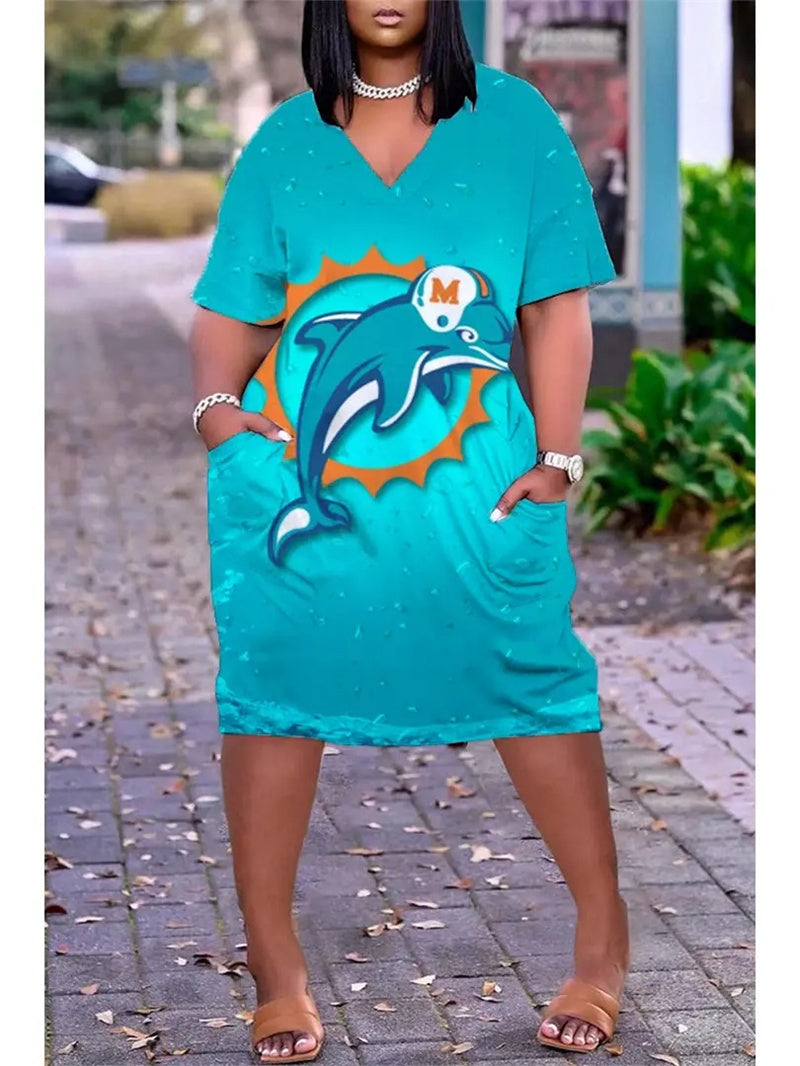 Miami Dolphins V-neck Casual Pocket Dress Limited Edition AZBTVCPD000016