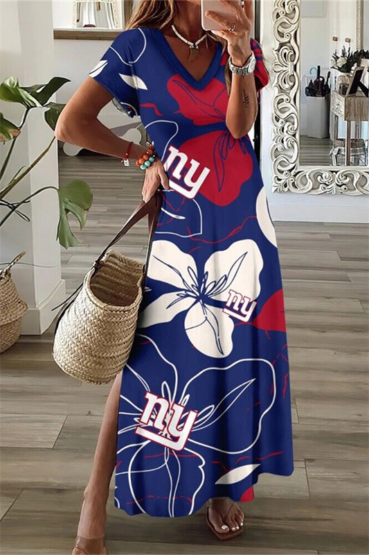 New York Giants V-Neck Side Slit Long Dress AZBTVSD000359