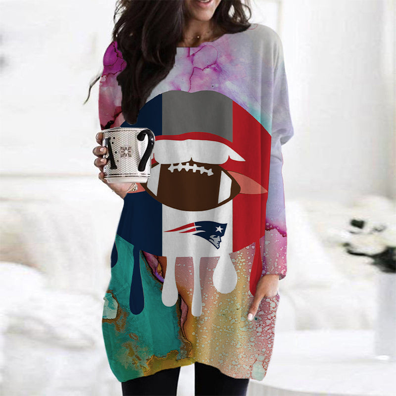 New England Patriots Casual Long Sleeve Pocket Dress AZBTLSPD000060