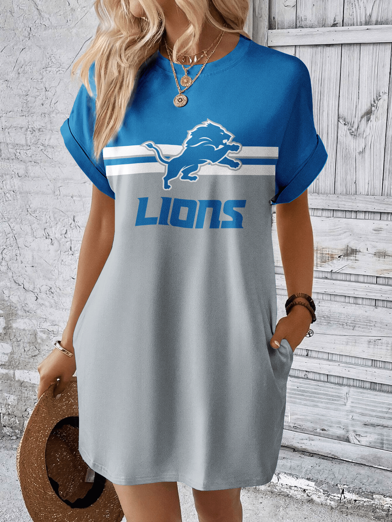 Detroit Lions Women Hidden Pocket Batwing Casual Dress AZDDBWCD000006